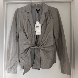 NWT! Eileen Fisher Silver Steel Satin, Tie-Front Blouse, size XS